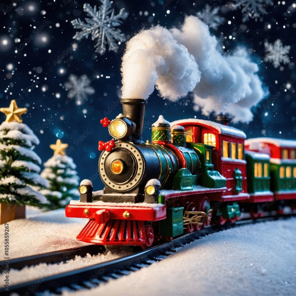 A miniature Christmas train chugs through a tiny festive forest, surrounded by charming trees, creating a warm and delightful holiday atmosphere A miniature Christmas train chugs through a tiny festive forest, surrounded by charming trees, creating a warm and delightful holiday atmosphere