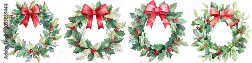 Four festive wreaths adorned with ribbons, perfect for holiday decoration.