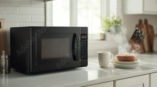 Microwaves - A microwave sitting on a clean kitchen counter, reheating a bowl of soup with the timer counting down and a steaming mug of coffee nearby