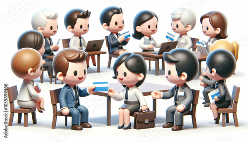 3D Colleagues Exchanging Business Cards Candid Office Shot Networking Collaboration Professional Relationship with Copy Space for Text 3D Icon Isolated White Background