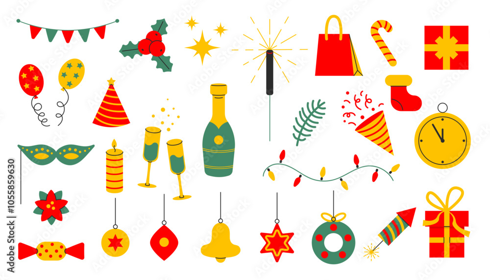 Set of New Year party decoration elements. Hand drawn stickers for greeting card, poster. Flat vector isolated on white background Set of New Year party decoration elements. Hand drawn stickers for greeting card, poster. Flat vector isolated on white background