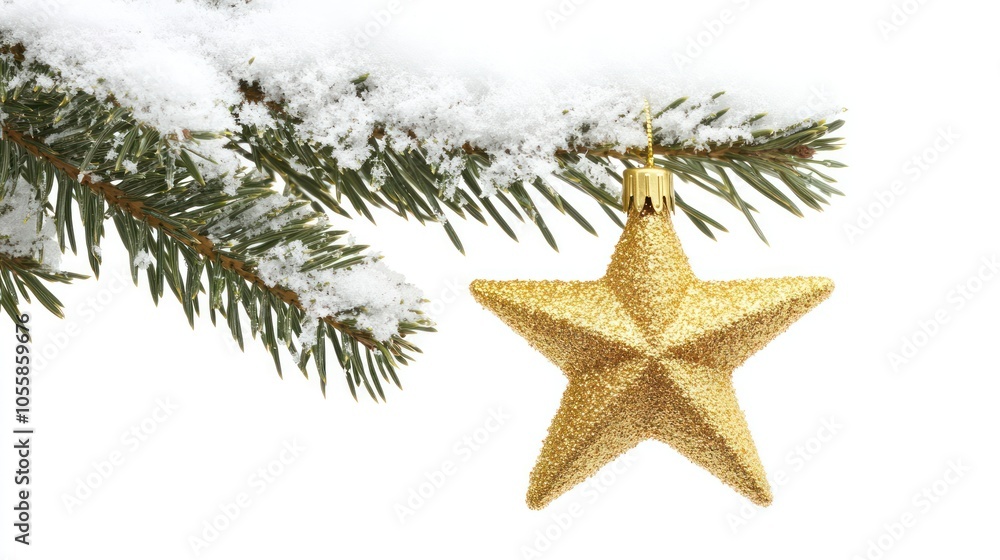 Golden Star Christmas Ornament on Snow-Covered Pine Branch Golden Star Christmas Ornament on Snow-Covered Pine Branch