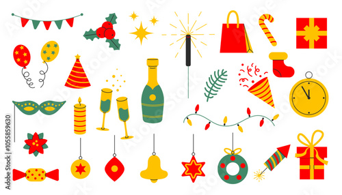 Set of New Year party decoration elements. Hand drawn stickers for greeting card, poster. Flat vector isolated on white background