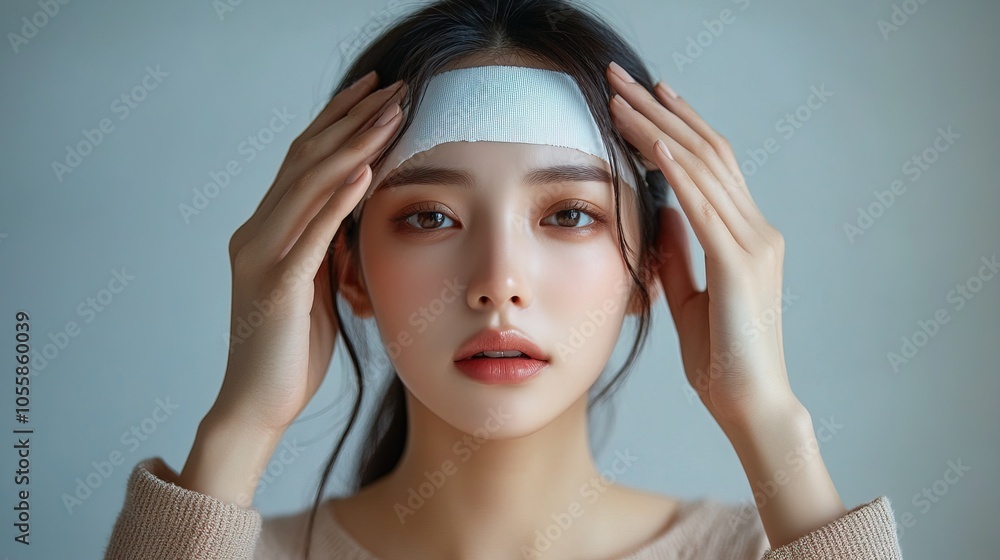 Asian woman use medical adhesive plaster on his head Asian woman use medical adhesive plaster on his head