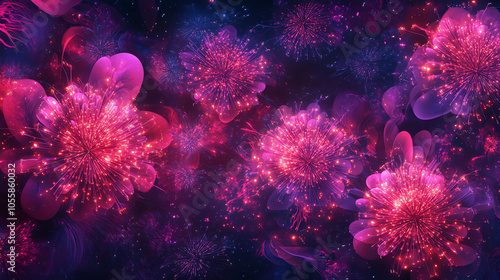 Vibrant firecracker patterns a dazzling display of pink and purple lights illuminating the night sky