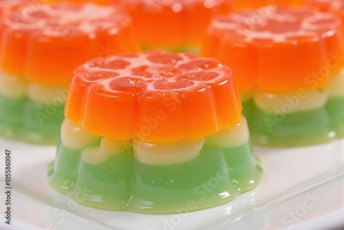 Colorful layered gelatin desserts with orange, white, and green tiers, perfect for celebrations and festive gatherings. photo