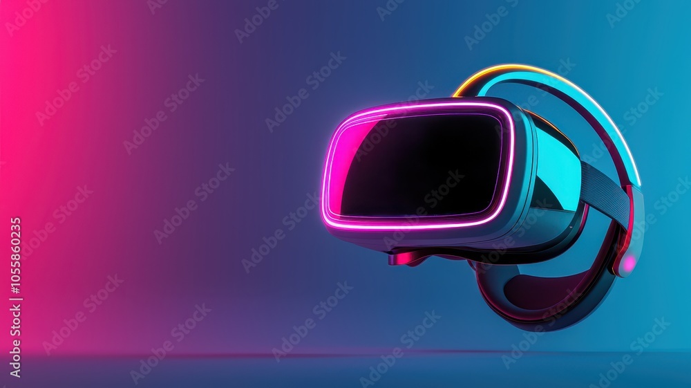 A futuristic VR headset with neon lights against a vibrant gradient background. A futuristic VR headset with neon lights against a vibrant gradient background.