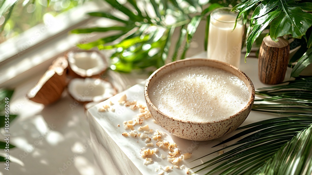 Coconut milk in an earthy bowl, perfect for World Vegan Month promotions, healthy recipes, and food blogs, conveying a fresh, nourishing, tropical vibe. Coconut milk in an earthy bowl, perfect for World Vegan Month promotions, healthy recipes, and food blogs, conveying a fresh, nourishing, tropical vibe.