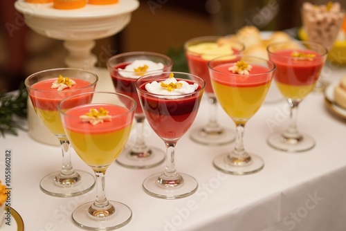 Elegant dessert presentation with colorful layered jelly in glasses for a festive celebration event.