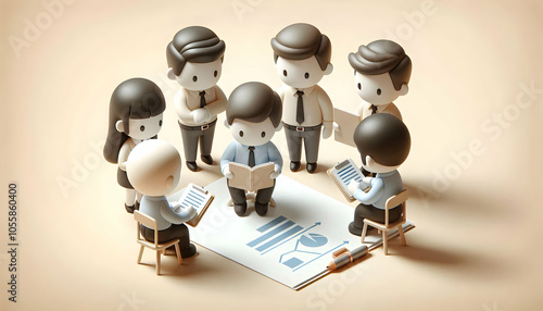 3D Colleagues Business Report Collaboration Beige Background - Professional Teamwork Icon, Productivity Focus, Copy Space for Text, Isolated on White - Ideal for Corporate Presentations and Illustrati