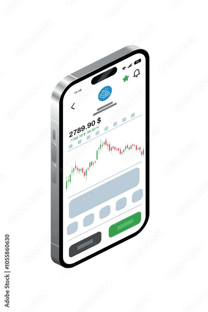 The interface of the investment application is displayed on the smartphone screen. Isometric isolated vector illustration The interface of the investment application is displayed on the smartphone screen. Isometric isolated vector illustration