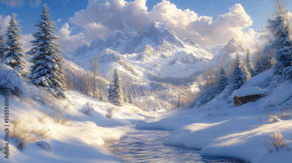 Obraz premium Serene winter landscape with mountains and a flowing river.