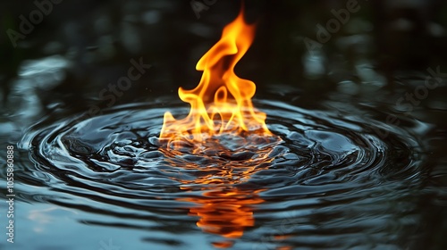 A flame reflected in a pool of water, with the ripples distorting the fiery image photo