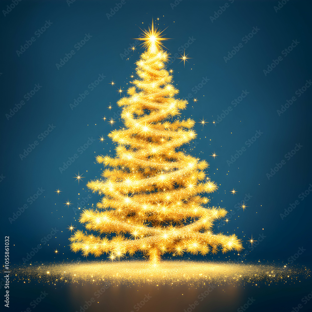 Golden Christmas Tree Sparkle on Blue Background Golden Christmas Tree Sparkle on Blue Background
