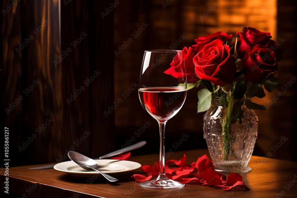Wine glasses and red roses on the table. Concept of Valentine's Day celebration, dating, engagement. AI generated. Wine glasses and red roses on the table. Concept of Valentine's Day celebration, dating, engagement. AI generated.