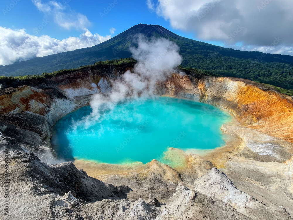 A scenic view of Poas Volcano crater lake, with steam rising from the turquoise waters. A scenic view of Poas Volcano crater lake, with steam rising from the turquoise waters.