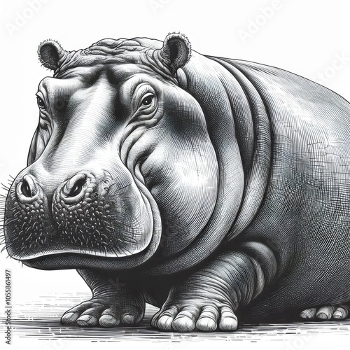 Black and white portrait of a hippopotamus. Sketch, drawing.