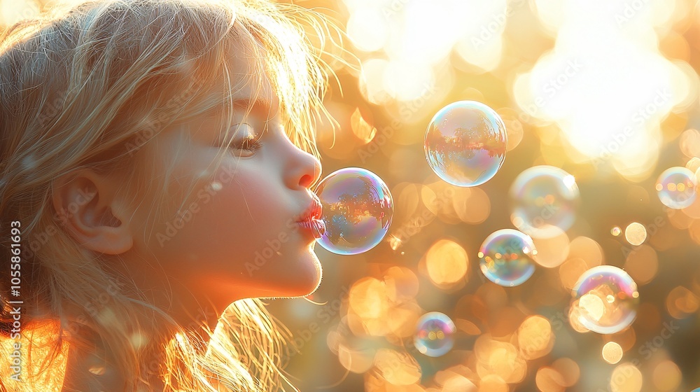 Little Girl Blowing Bubbles in Golden Sunlight Little Girl Blowing Bubbles in Golden Sunlight