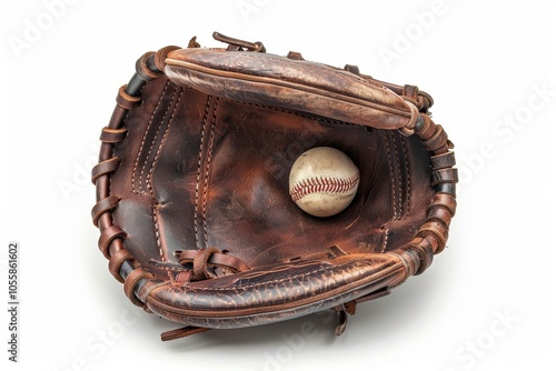 Top view of isolated white leather baseball glove and ball photo