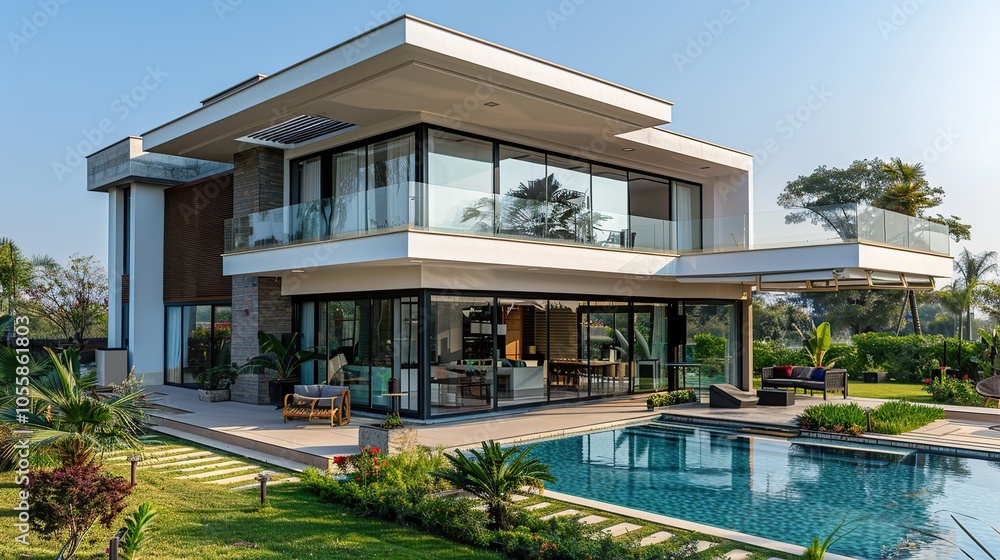 A modern two-story home with a swimming pool and lush landscaping. A modern two-story home with a swimming pool and lush landscaping.