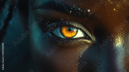 Close-up of a black woman eye glowing highlighting intricate dark background