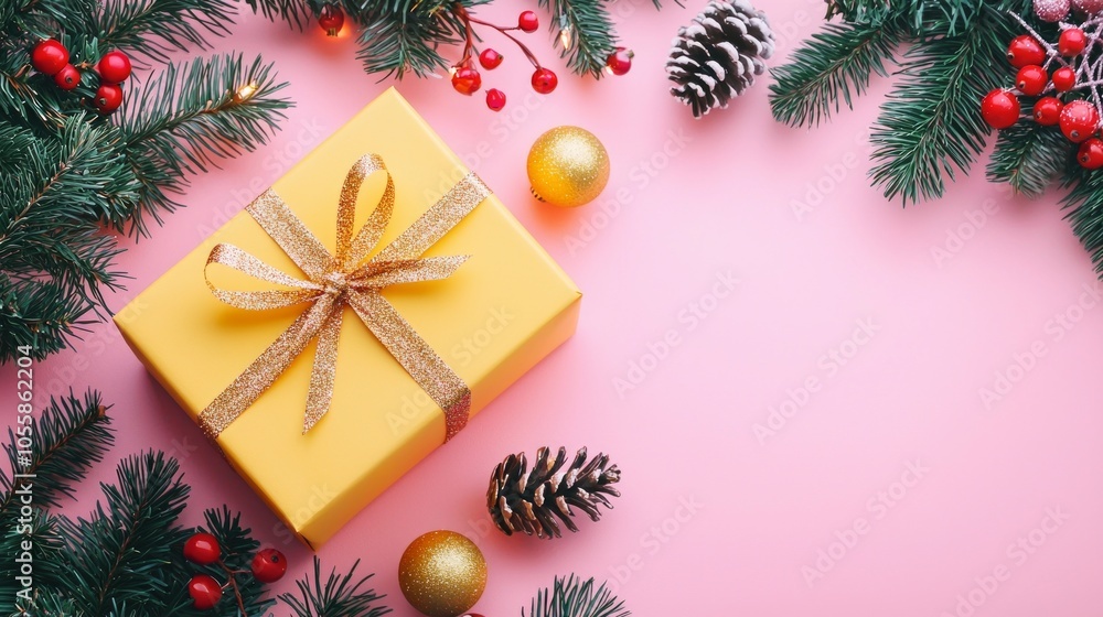vibrant yellow gift box is adorned with decorative ribbon and placed among pine branches ornaments and festive decorations on light pink backdrop perfect for holiday celebrations. vibrant yellow gift box is adorned with decorative ribbon and placed among pine branches ornaments and festive decorations on light pink backdrop perfect for holiday celebrations.