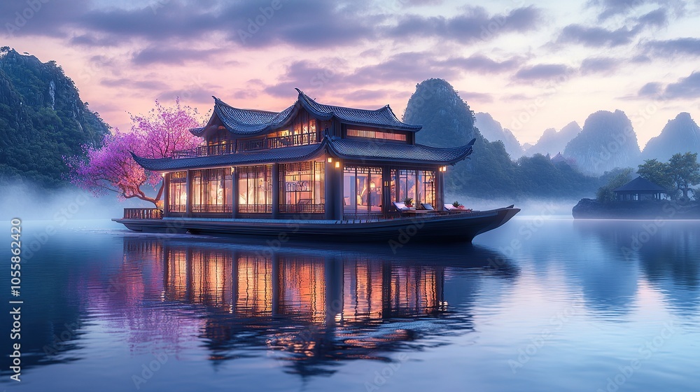 Obraz premium Double-Deck Floating House with Blooming Cherry Blossom