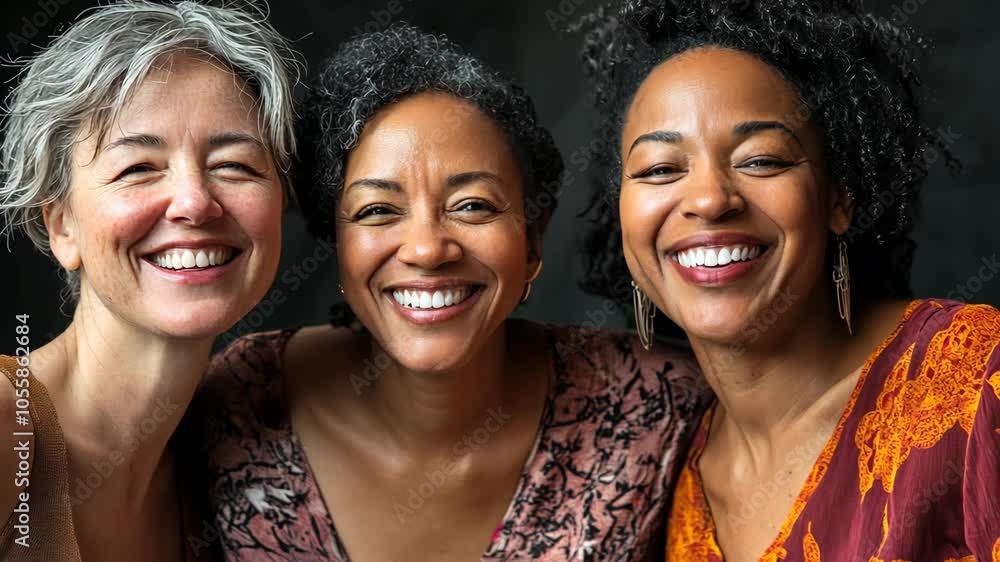 Three women smile brightly for a photo, their faces lit up with joy and connection Three women smile brightly for a photo, their faces lit up with joy and connection