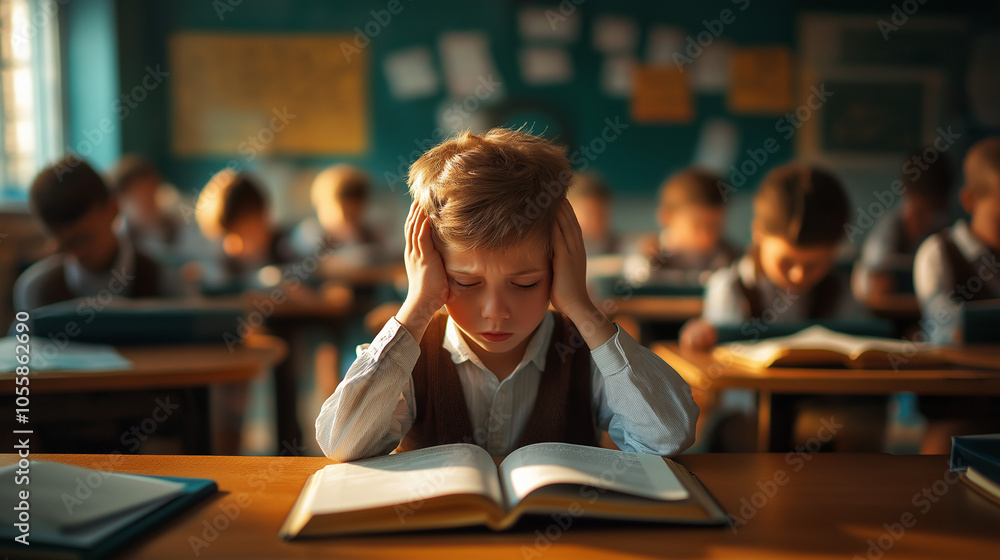 A young boy sits in a classroom, looking stressed as he studies.