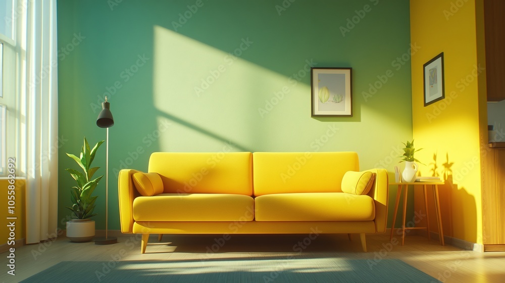 Mid-Century Modern Living Room with Bold Sofa: A small living room featuring a compact, mustard-yellow sofa with tapered wooden legs, surrounded by minimalist wooden furniture Mid-Century Modern Living Room with Bold Sofa: A small living room featuring a compact, mustard-yellow sofa with tapered wooden legs, surrounded by minimalist wooden furniture