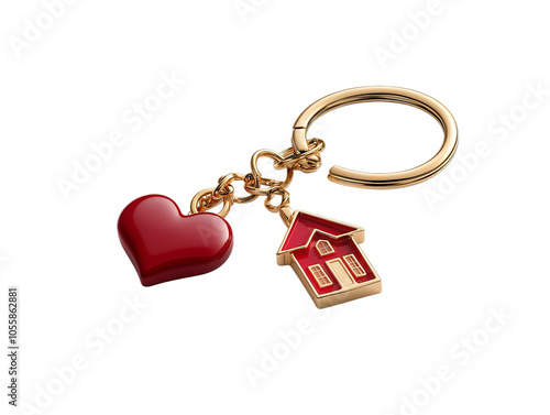 House and heart keychain on transparent background, symbolizing love, real estate, homeownership, Valentine's Day 14 February, property promotions, housing sales, romantic holiday marketing