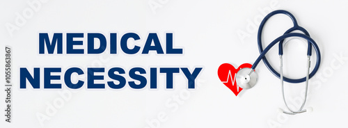Medical necessity text on a protective mask in the hands of a doctor, a medical concept