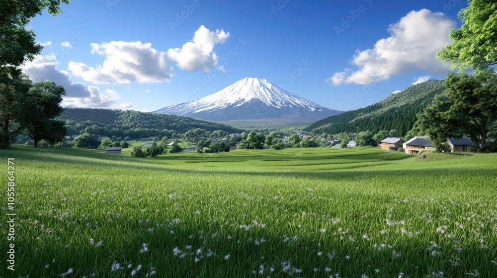 Mount Fuji towers over vibrant rice fields and quaint houses, bathed in natural light under a vivid blue sky with fluffy clouds, capturing Japan’s serene beauty Mount Fuji towers over vibrant rice fields and quaint houses, bathed in natural light under a vivid blue sky with fluffy clouds, capturing Japan’s serene beauty