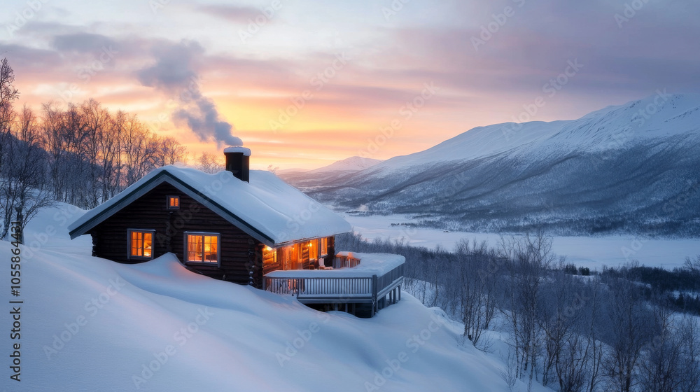 A traditional Norwegian log cabin in the mountains, covered in snow, with smoke rising from the chimney. A traditional Norwegian log cabin in the mountains, covered in snow, with smoke rising from the chimney.