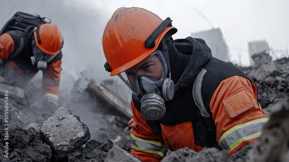 Rescue worker in protective gear searching through rubble at disaster site. Rescue worker in protective gear searching through rubble at disaster site.