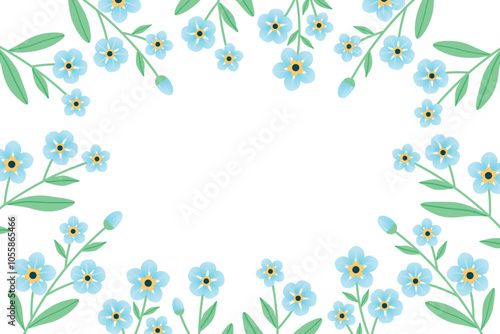 Forget me not flower frame. Rectangular frame with flowers around the perimeter. Delicate blue flowers. Vector illustration.