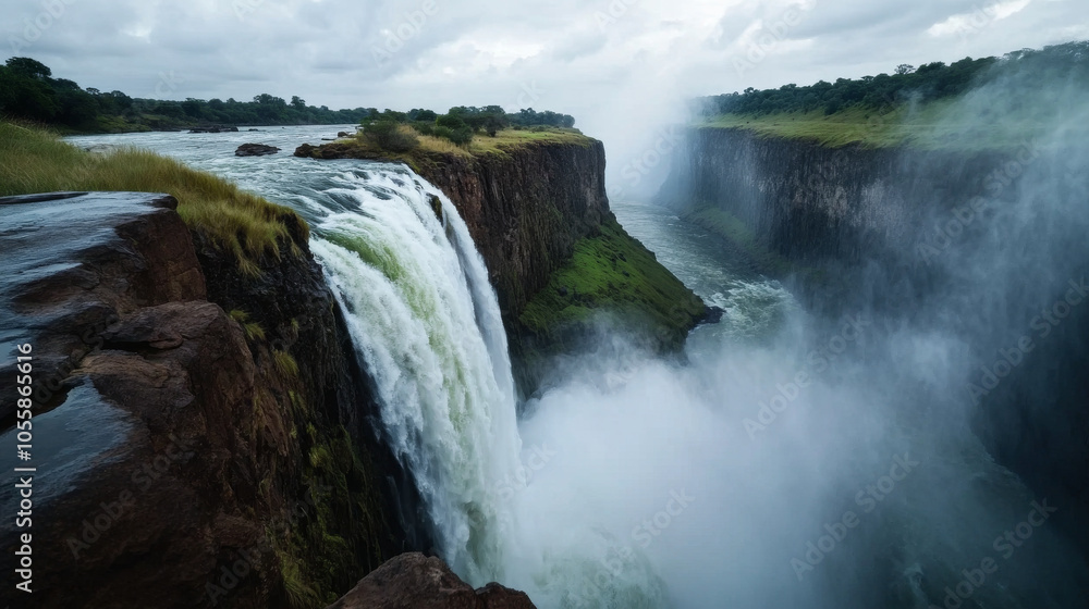 A view of Victoria Falls from the Zimbabwean side, with water cascading over the cliffs and mist rising into the air. A view of Victoria Falls from the Zimbabwean side, with water cascading over the cliffs and mist rising into the air.