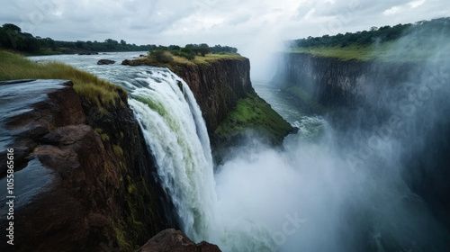 A view of Victoria Falls from the Zimbabwean side, with water cascading over the cliffs and mist rising into the air.