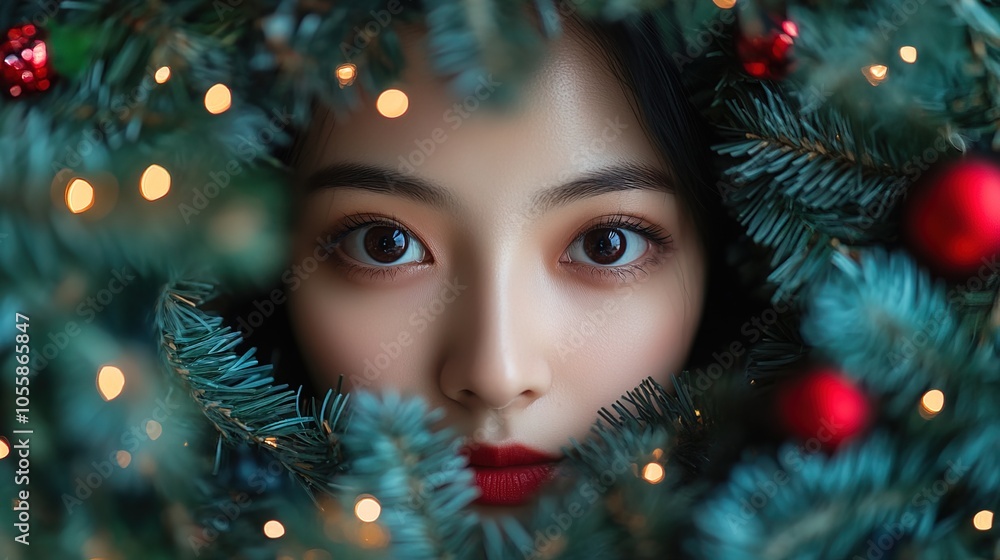 Asian woman peeking through festive christmas wreath Asian woman peeking through festive christmas wreath
