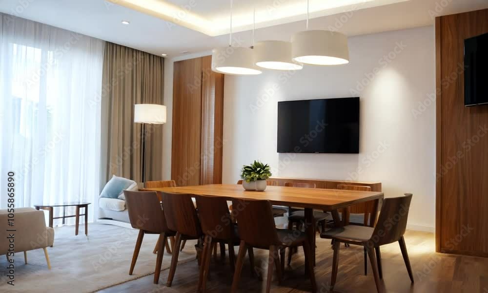 A modern dining area featuring a wooden table, chairs, and large windows for natural light. A modern dining area featuring a wooden table, chairs, and large windows for natural light.