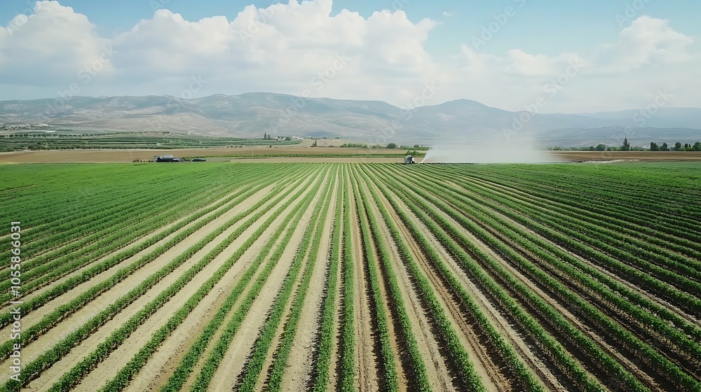 Water sprinklers operating in a wide expanse of farmland, ensuring the crops stay hydrated Water sprinklers operating in a wide expanse of farmland, ensuring the crops stay hydrated