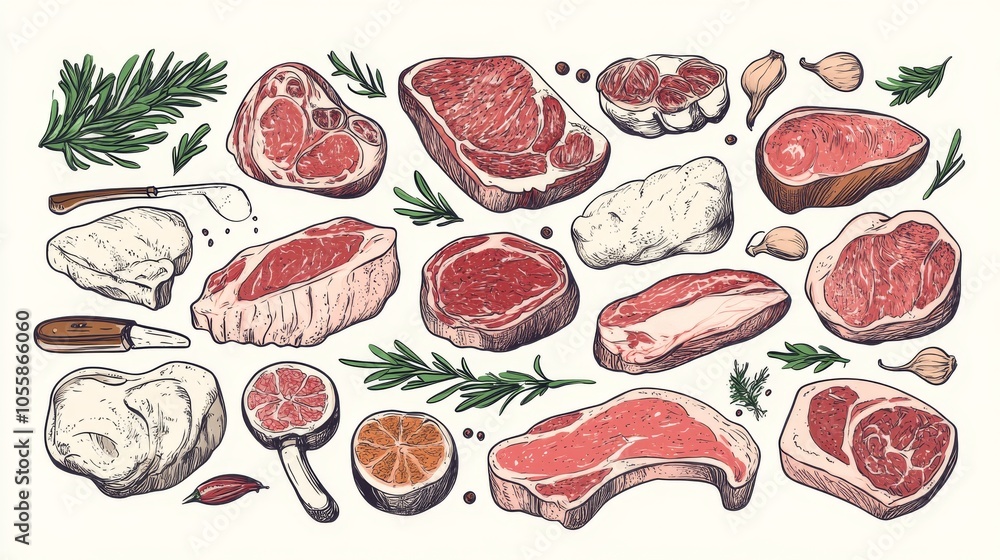 Hand-drawn set of meat doodles, perfect for restaurant or butcher designs. Hand-drawn set of meat doodles, perfect for restaurant or butcher designs.
