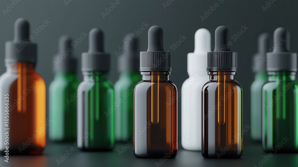 Close-up of fresh jojoba and essential oil bottles, dark background, organic skincare concept, sleek black surface, 3D illustration Close-up of fresh jojoba and essential oil bottles, dark background, organic skincare concept, sleek black surface, 3D illustration