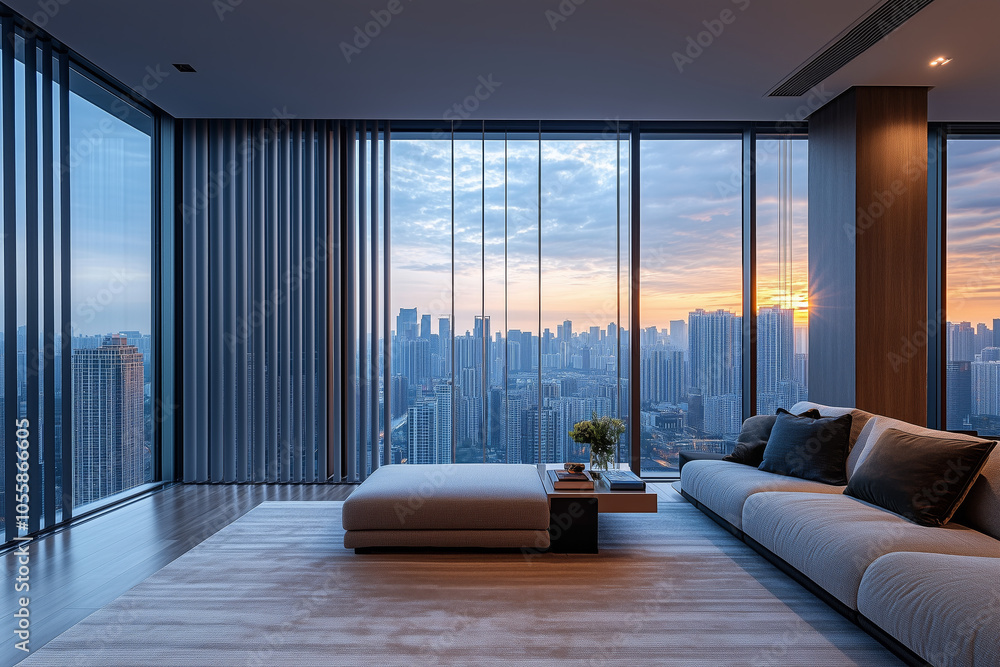 custom made wallpaper toronto digitalCity apartment with panoramic windows covered by gray vertical blinds, offering a view of the urban skyline in the background.
