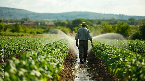 Obraz na płótnie A farmer walking through a field of crops, with water from an irrigation system spraying around w salonie