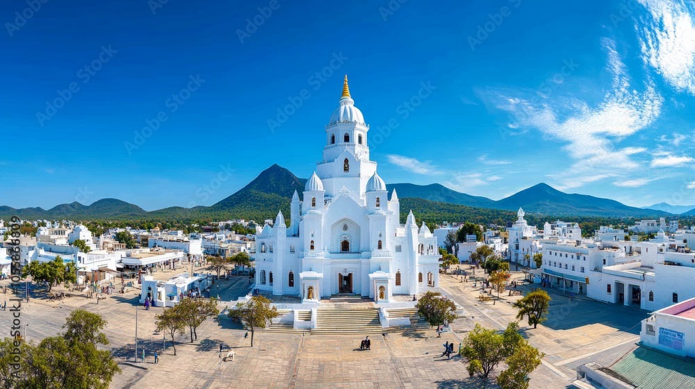Fototapeta premium White Church with Mountains in Background Aerial View