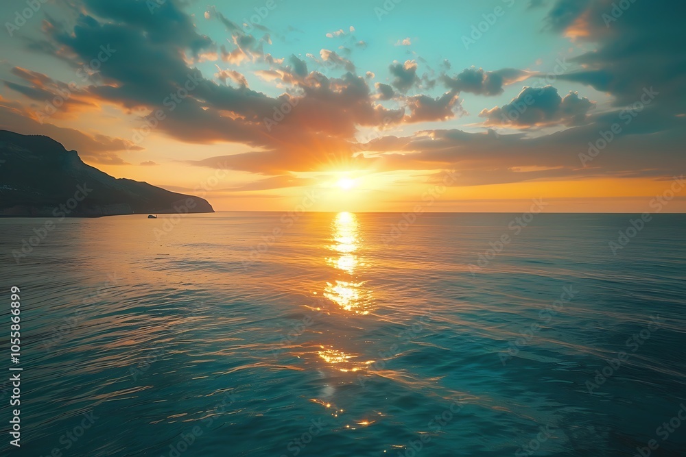 Obraz premium Serene sunset over calm waters with distant mountains.