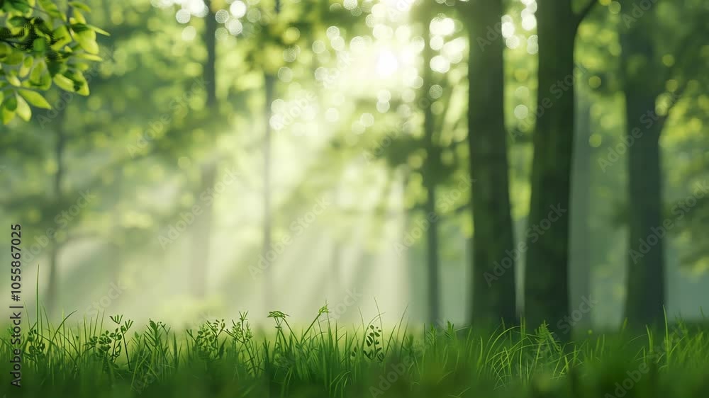 Sunlit Forest with Lush Green Foliage and Gentle Light Beams in a Serene Spring Morning Representing Nature's Tranquility and Freshness Sunlit Forest with Lush Green Foliage and Gentle Light Beams in a Serene Spring Morning Representing Nature's Tranquility and Freshness
