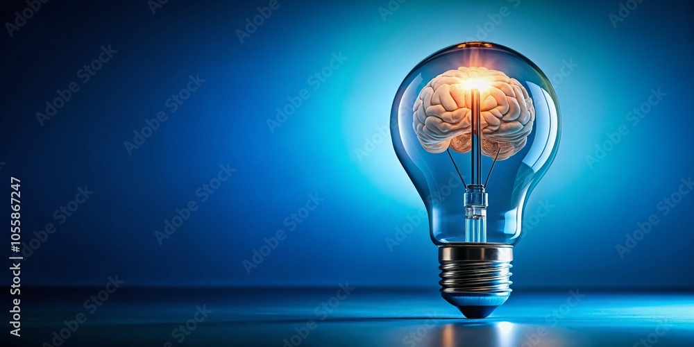 Light Bulb with Brain Inside on Blue Background - Innovation and Creativity Concept Light Bulb with Brain Inside on Blue Background - Innovation and Creativity Concept