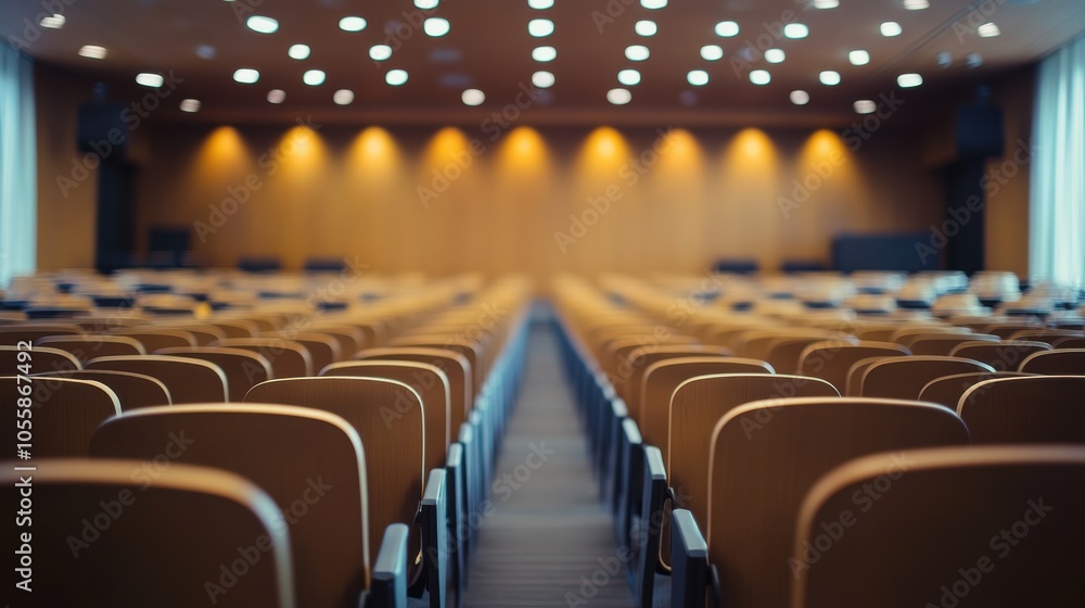 Fototapeta premium Empty auditorium with rows of seats and bright lighting